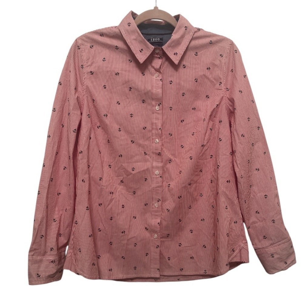 NWT IZOD Women’s Red‎ White Blue Nautical Anchor Button Down Shirt Size Large